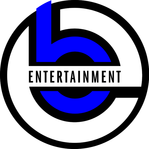 A circular black and white stylized logo features a blue "b" and the word "ENTERTAINMENT" in bold black letters across the center.