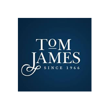 A blue square logo with white text reads "Tom James Since 1966" in a formal font, with decorative lettering on "James," reflecting the brand’s excellence in corporate event services.