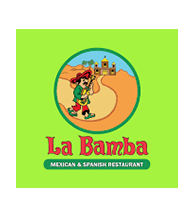 Logo for La Bamba Mexican & Spanish Restaurant featuring a cartoon figure with a guitar walking on a path, with a building and desert background on a bright green square—perfect for branding Corporate Events.