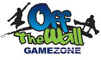 Logo for "Off The Wall Gamezone" featuring stylized text and silhouettes of two people jumping on either side.