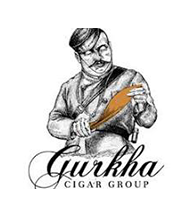 Illustration of a man in traditional attire inspecting a cigar leaf above the text "Gurkha Cigar Group," perfect for promoting premium cigars at corporate events.