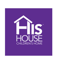 Logo for His House Children’s Home, featuring the words “His House” with a roof design over the “H,” on a purple background—perfect for showcasing at business events or corporate event planning materials.