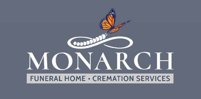 Logo for Monarch Funeral Home and Cremation Services featuring a monarch butterfly above the business name on a gray background.