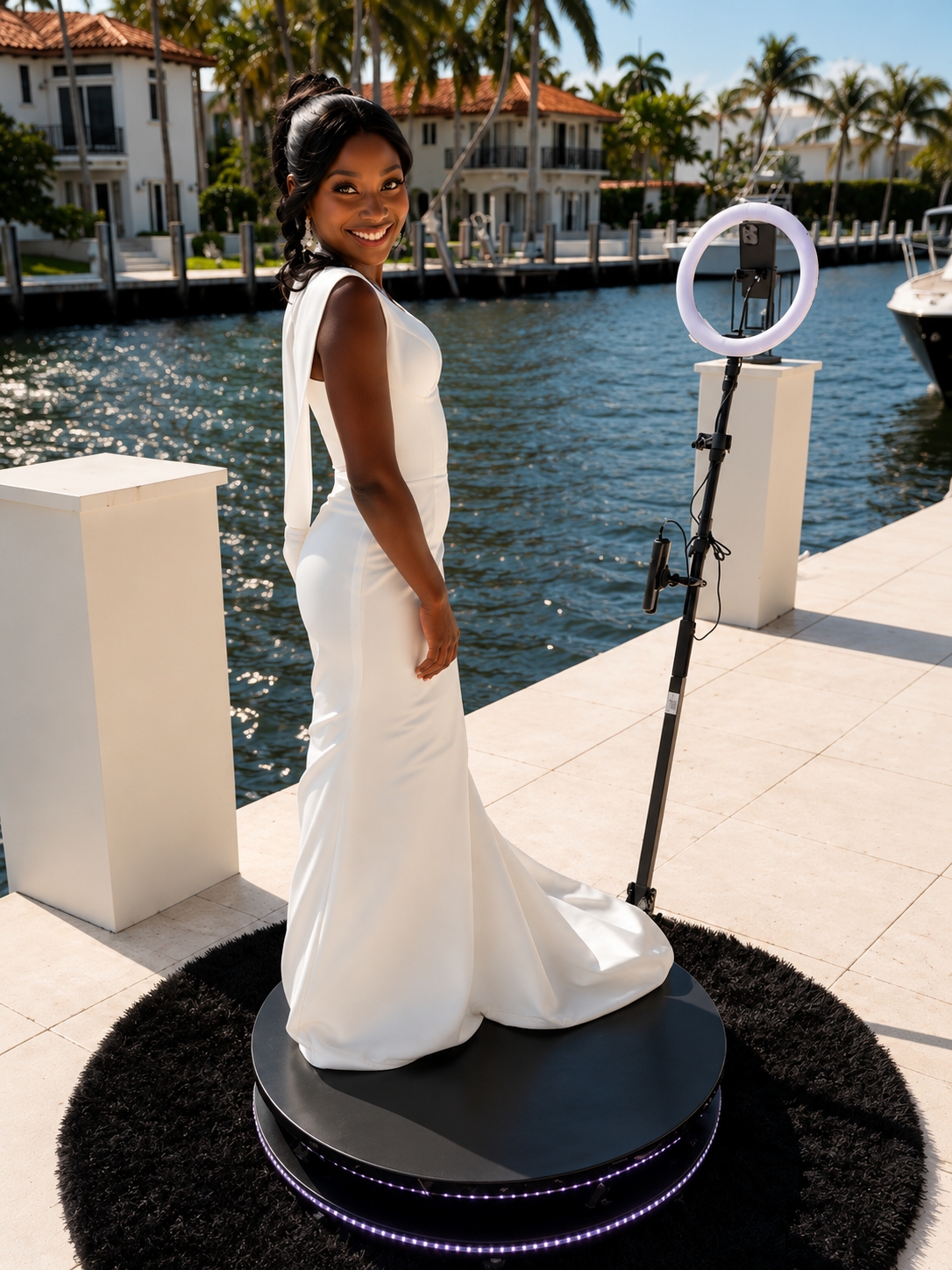 Woman in a white gown stands on a 360 photo booth platform by a waterfront, with a ring light camera setup nearby under a sunny sky—making it one of the most sought-after events add ons for any special occasion.